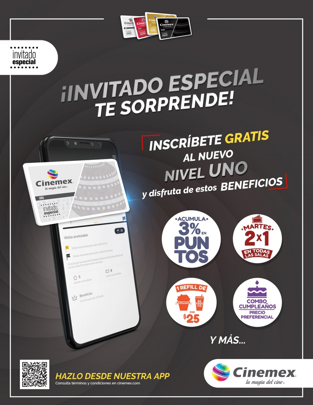 Noticias: ¡INSCRÍBETE SIN COSTO AL NUEVO NIVEL UNO DE INVITADO ESPECIAL CINEMEX Y OBTÉN INCREÍBLES&nbsp;BENEFICIOS!